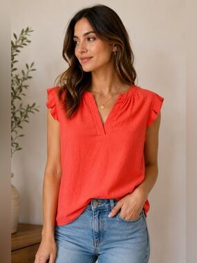 Summer | Women's Coral V-Neck Flutter Sleeve Camisole